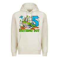 Oatmeal Heather Birthday Boy Frog Age 5 Premium Hoodie - LillyAllenDesigns