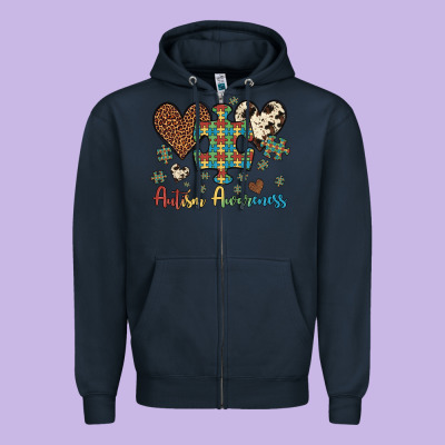 Autism Awareness Leopard Cowhide Herts Puzzle Zipper Hoodie Designed By Artiststas