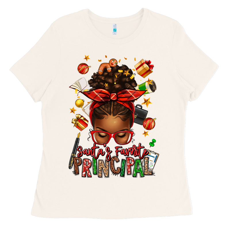 Santas Favorite Principal Afro Messy Bun Ladies Tee by texasbilliewilder | Teevron