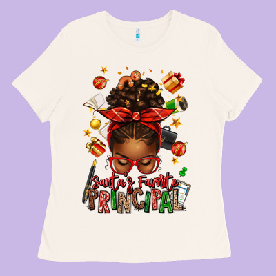 Santas Favorite Principal Afro Messy Bun Ladies Tee Designed By Texasbilliewilder