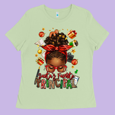 Santas Favorite Principal Afro Messy Bun Ladies Tee Designed By Texasbilliewilder
