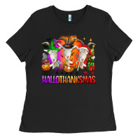 Black happy hallothanksmas goats Ladies Tee - texasbilliewilder