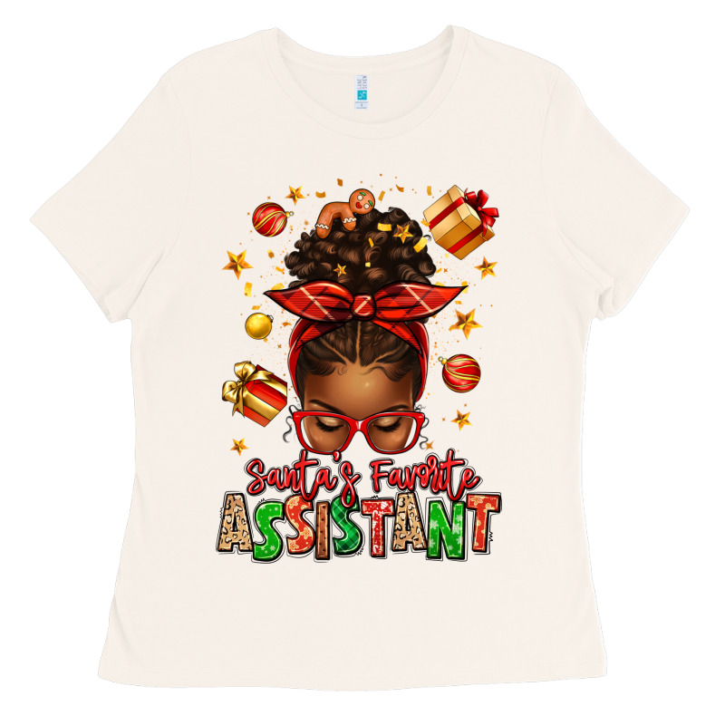 Santa's Favorite Assistant Afro Messy Bun Ladies Tee by texasbilliewilder | Teevron
