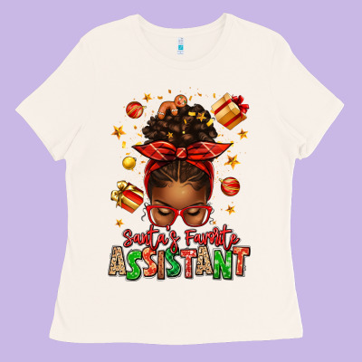 Santa's Favorite Assistant Afro Messy Bun Ladies Tee Designed By Texasbilliewilder