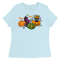 Baby Blue Black cat and pumpkin Ladies Tee - NancyCooperArtShop