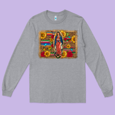 Our Lady Of Guadalupe Glitter Leopard Flowers Long Sleeve Tee Designed By Fadigitalartstudio