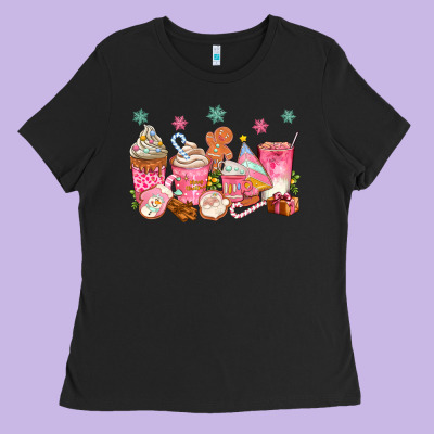 Pink Gingerbread Coffee Cups Ladies Tee Designed By Texasbilliewilder
