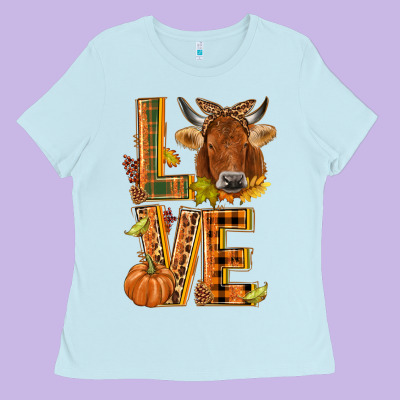 Love Fall Cow Ladies Tee Designed By Nancycooperartshop