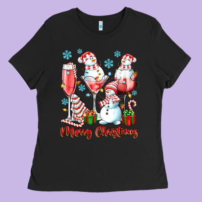 Merry Christmas Wine Glasses Ladies Tee Designed By Texasbilliewilder