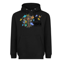 Black he is risen matthew 28 6 cross with butterflies cowhide background Heavyweight Hoodie - BarkalooDesign