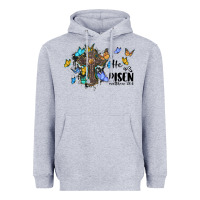 Heather Grey he is risen matthew 28 6 cross with butterflies cowhide background Heavyweight Hoodie - BarkalooDesign