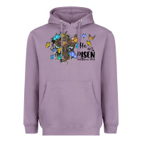 Lavender he is risen matthew 28 6 cross with butterflies cowhide background Heavyweight Hoodie - BarkalooDesign