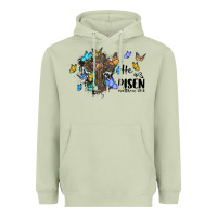 Matcha he is risen matthew 28 6 cross with butterflies cowhide background Heavyweight Hoodie - BarkalooDesign