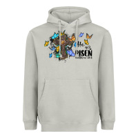 Moon Dust he is risen matthew 28 6 cross with butterflies cowhide background Heavyweight Hoodie - BarkalooDesign