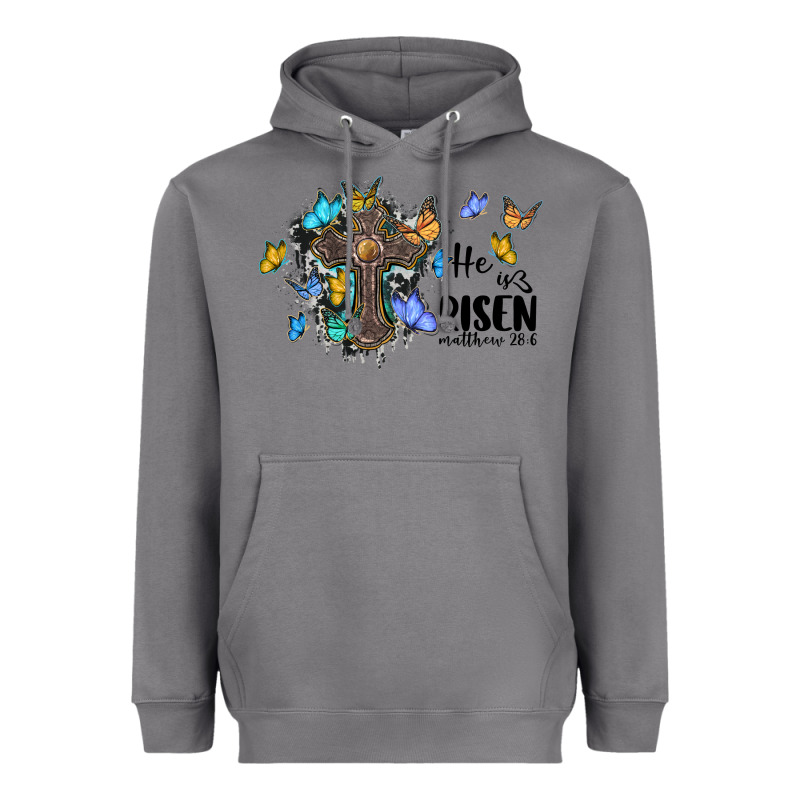 He Is Risen Matthew 28 6 Cross With Butterflies Cowhide Background Heavyweight Hoodie by BarkalooDesign | Teevron