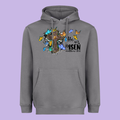 He Is Risen Matthew 28 6 Cross With Butterflies Cowhide Background Heavyweight Hoodie Designed By Barkaloodesign