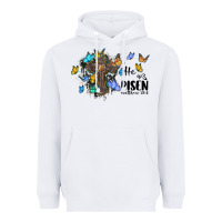 White he is risen matthew 28 6 cross with butterflies cowhide background Heavyweight Hoodie - BarkalooDesign