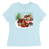 Baby Blue Christmas gnomes with red truck Ladies Tee - NancyCooperArtShop