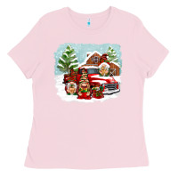 Bubblegum Pink Christmas gnomes with red truck Ladies Tee - NancyCooperArtShop