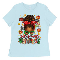 Baby Blue santa's favorite waitress messy bun Ladies Tee - texasbilliewilder