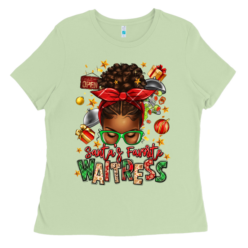 Santa's Favorite Waitress Messy Bun Ladies Tee by texasbilliewilder | Teevron