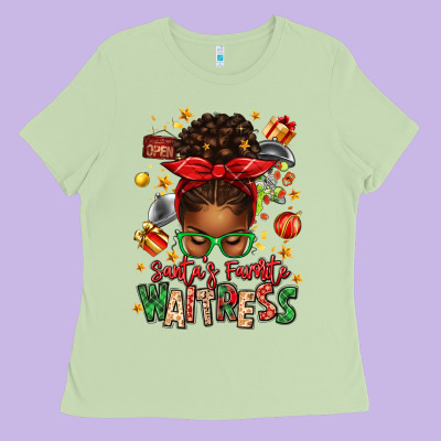 Santa's Favorite Waitress Messy Bun Ladies Tee Designed By Texasbilliewilder