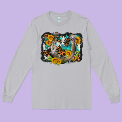 Western Leopard Cowhide Turquoise Background Horse Long Sleeve Tee Designed By Oliviacreatesart