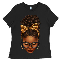 Black afro messy bun leopard bow Ladies Tee - texasbilliewilder