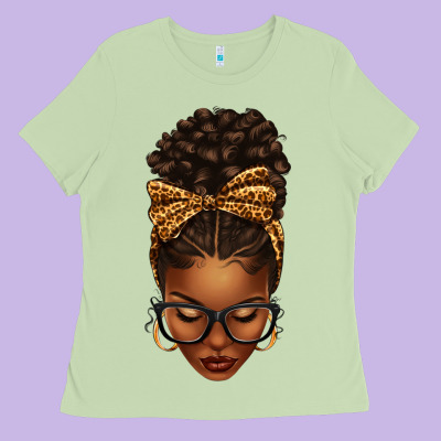 Afro Messy Bun Leopard Bow Ladies Tee Designed By Texasbilliewilder