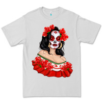 Dove Grey Mexicana Skull Girl with Roses Premium Tee - texasbilliewilder