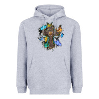 Heather Grey cross with butterflies cowhide background Heavyweight Hoodie - BarkalooDesign