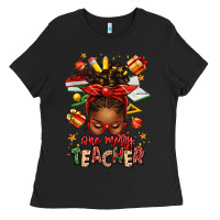 Black one merry teacher afro messy bun Ladies Tee - texasbilliewilder