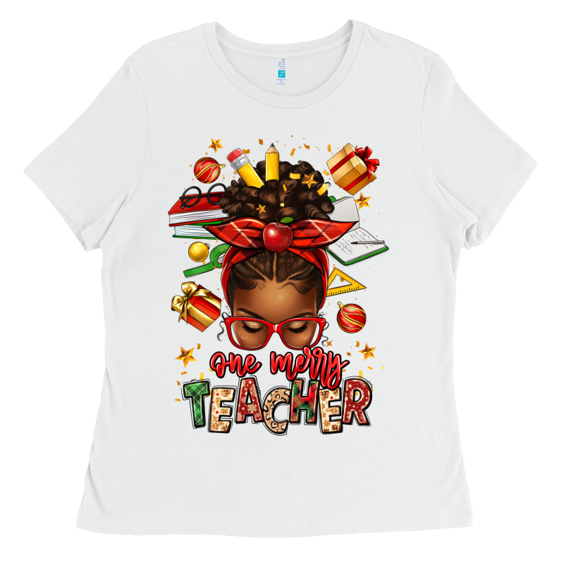 One Merry Teacher Afro Messy Bun Ladies Tee by texasbilliewilder | Teevron