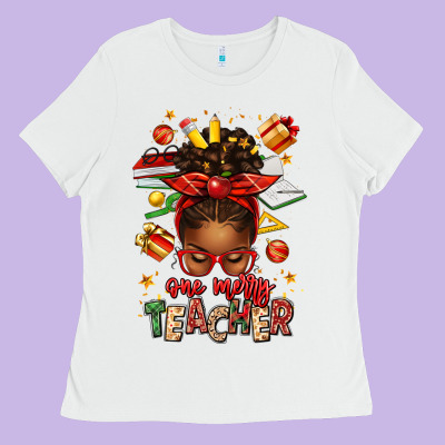 One Merry Teacher Afro Messy Bun Ladies Tee Designed By Texasbilliewilder