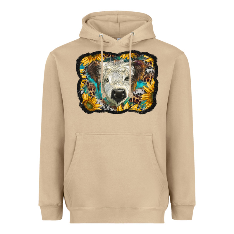 White Scottish Calf With Sunflowers Western  Background Heavyweight Hoodie by BarkalooDesign | Teevron