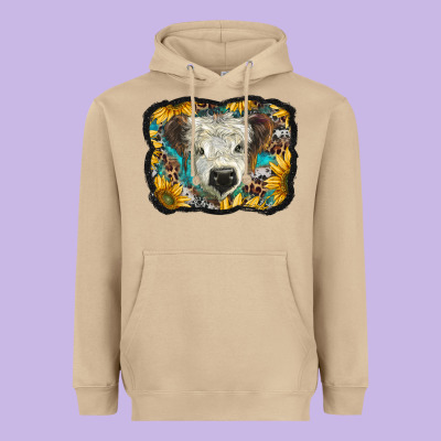 White Scottish Calf With Sunflowers Western  Background Heavyweight Hoodie Designed By Barkaloodesign
