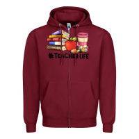 Burgundy teacher life with books  pen and coffee Zipper Hoodie - Artiststas