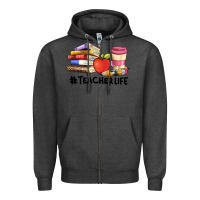 Charcoal Heather teacher life with books  pen and coffee Zipper Hoodie - Artiststas