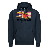 Navy teacher life with books  pen and coffee Zipper Hoodie - Artiststas