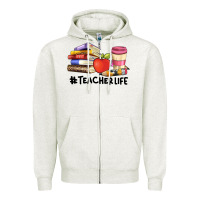 Oatmeal Heather teacher life with books  pen and coffee Zipper Hoodie - Artiststas