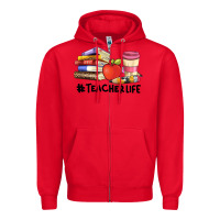 Red teacher life with books  pen and coffee Zipper Hoodie - Artiststas