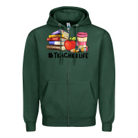 Sports Green teacher life with books  pen and coffee Zipper Hoodie - Artiststas