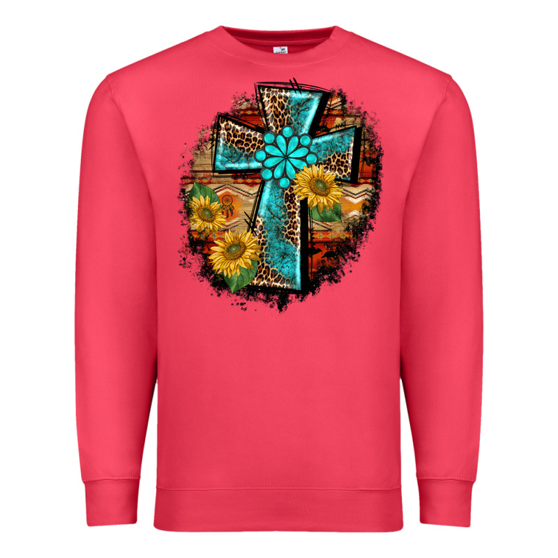 Western Turquoise's Leopard Cross  Wooden Aztek Sunflowers Background Premium Sweatshirt by BarkalooDesign | Teevron