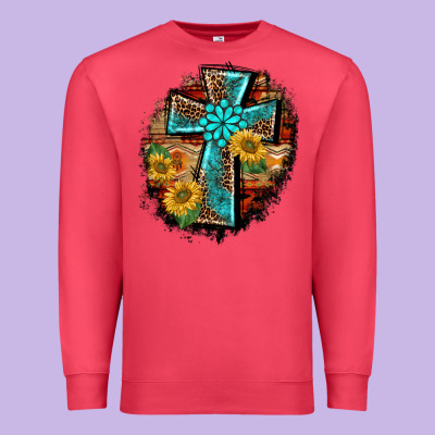 Western Turquoise's Leopard Cross  Wooden Aztek Sunflowers Background Premium Sweatshirt Designed By Barkaloodesign