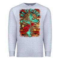 Heather Grey he is risen cross with roses background Premium Sweatshirt - BarkalooDesign