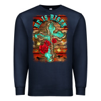 Navy he is risen cross with roses background Premium Sweatshirt - BarkalooDesign