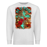 Oatmeal Heather he is risen cross with roses background Premium Sweatshirt - BarkalooDesign