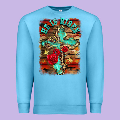 He Is Risen Cross With Roses Background Premium Sweatshirt Designed By Barkaloodesign