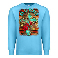 Ocean Blue he is risen cross with roses background Premium Sweatshirt - BarkalooDesign