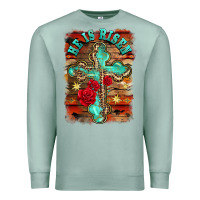 Seafoam he is risen cross with roses background Premium Sweatshirt - BarkalooDesign